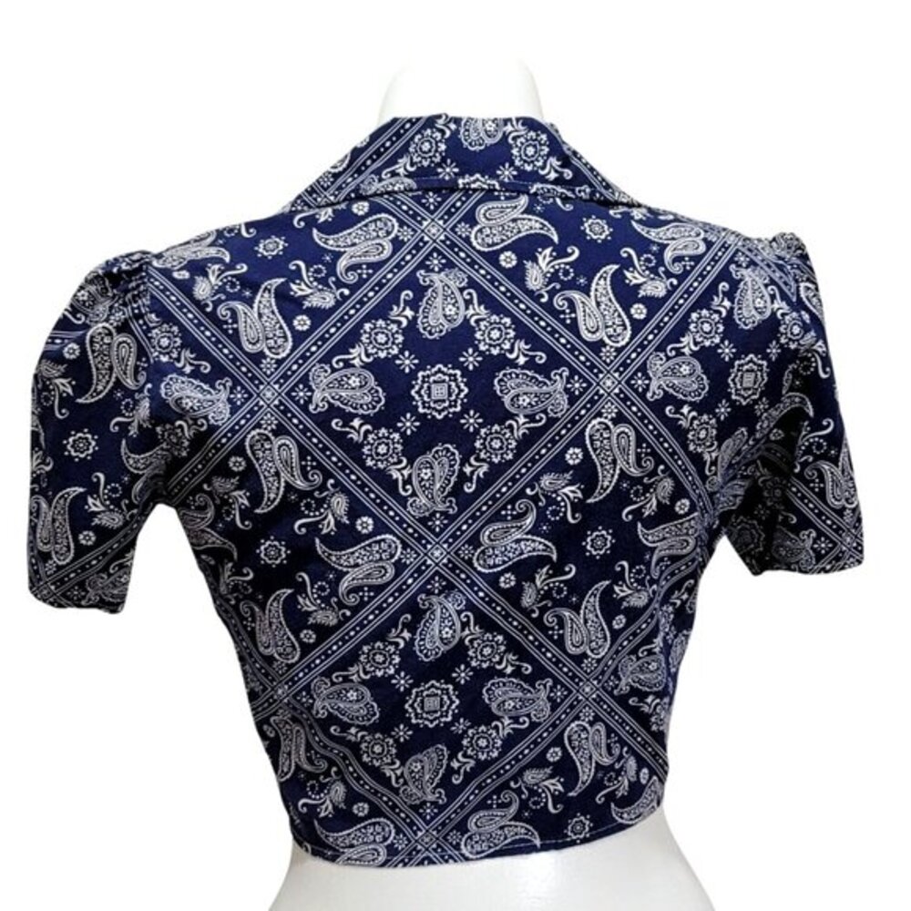 Vintage Bandana Cropped Tie-Front Blouse Short Sleeve L Blue - Picture 6 of 9